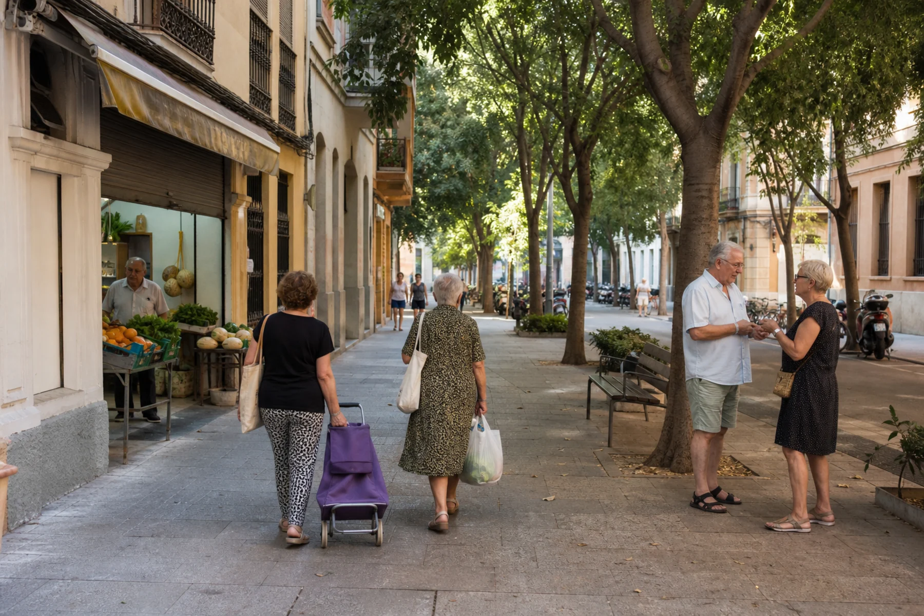 Residents shopping on a shaded Valencia neighbourhood street