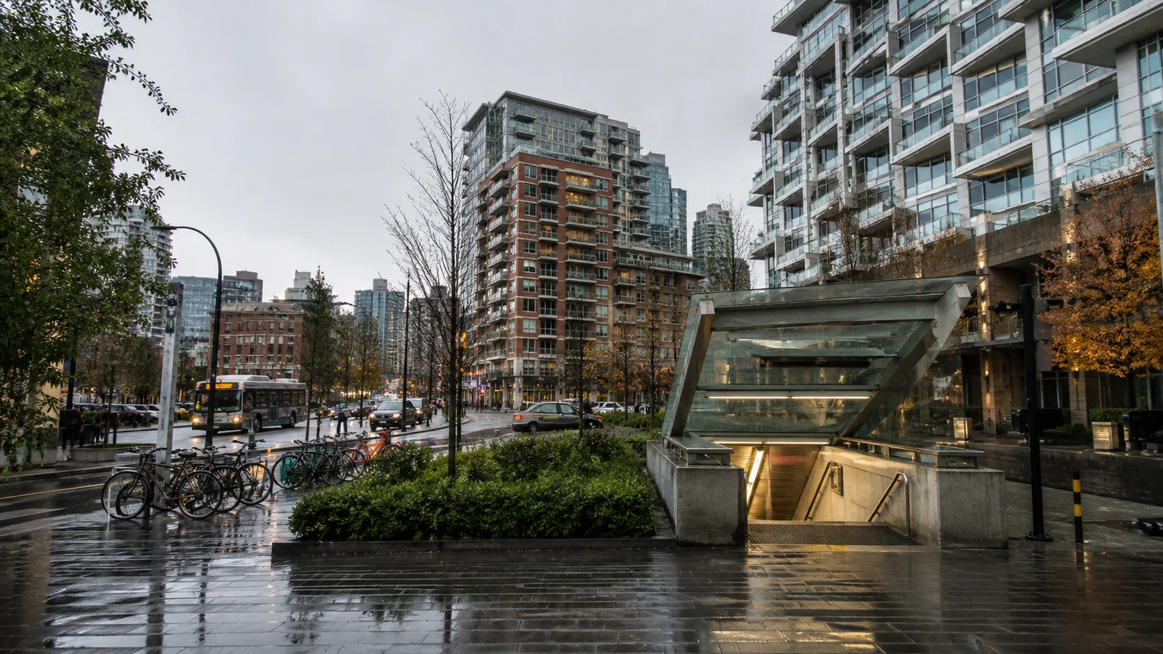 Vancouver apartment streets, rapid transit and everyday shops near False Creek