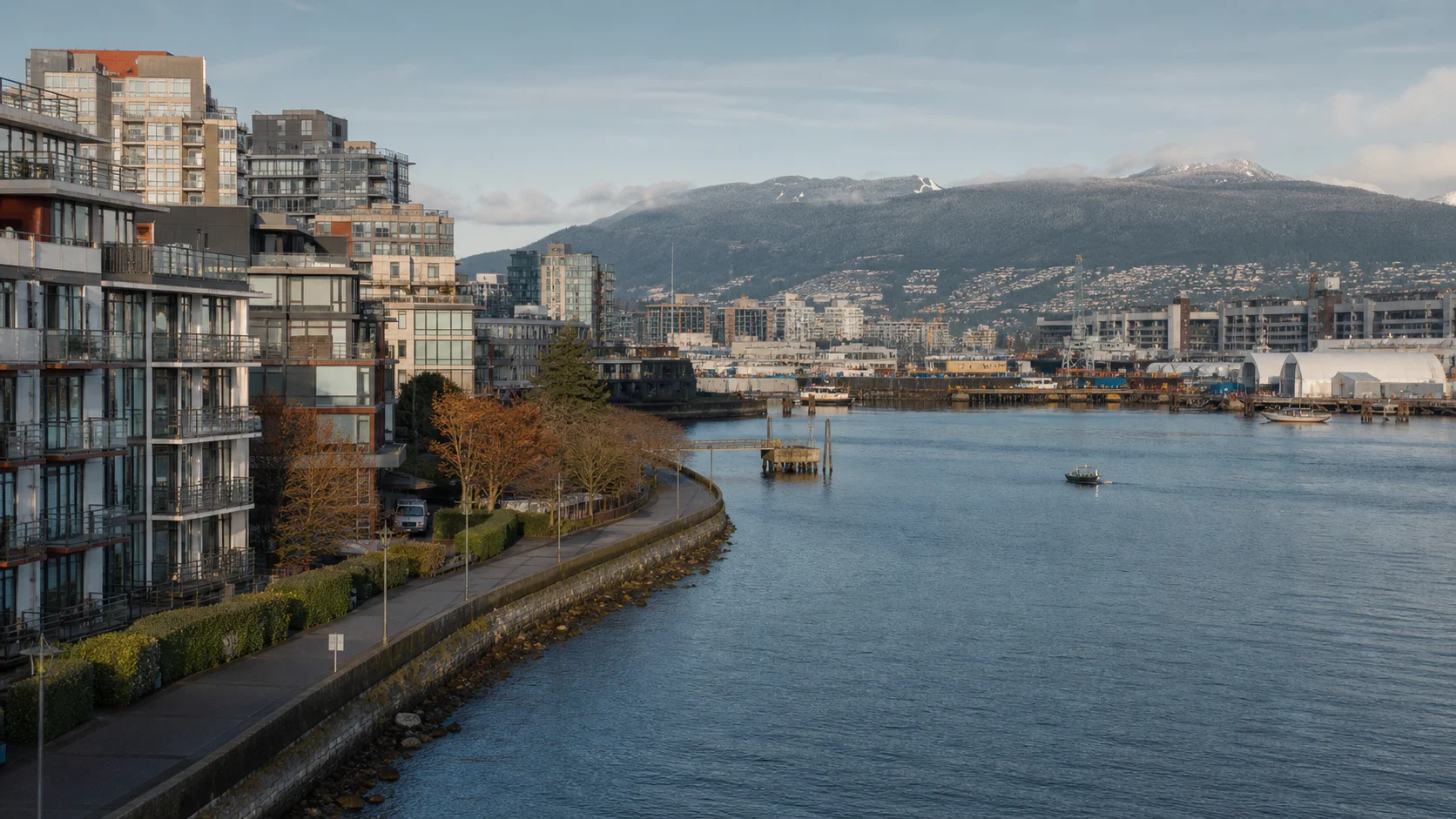 Vancouver neighbourhood, harbour and North Shore mountains in clear coastal light