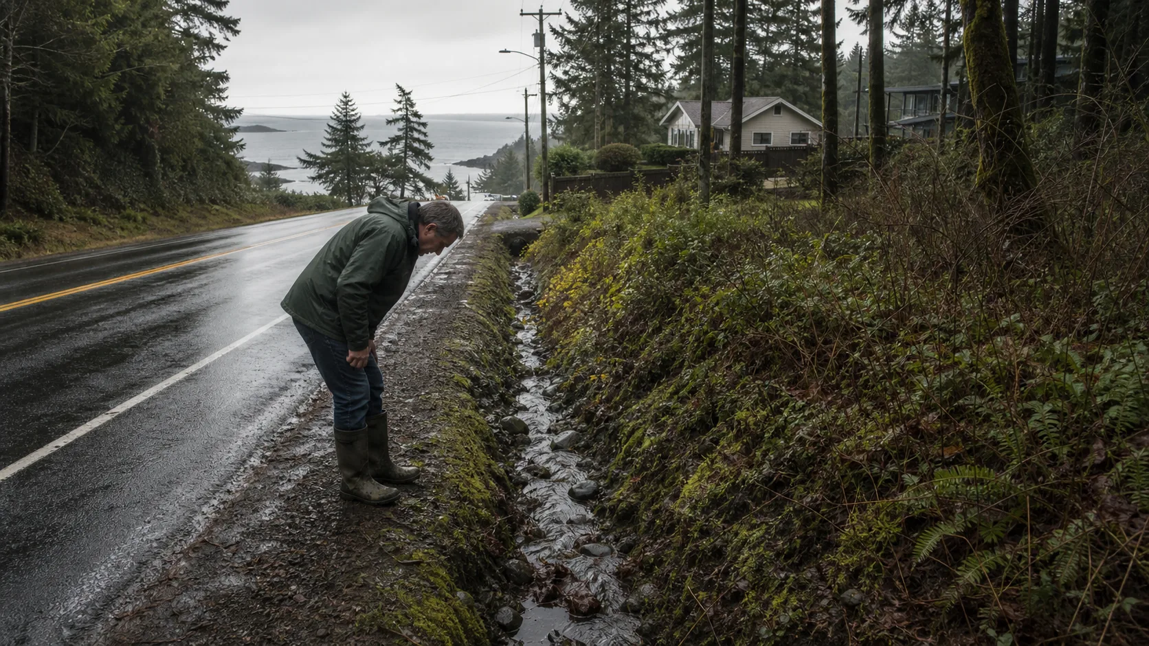 Rain-wet coastal road beside forest and homes near Sooke on Vancouver Island