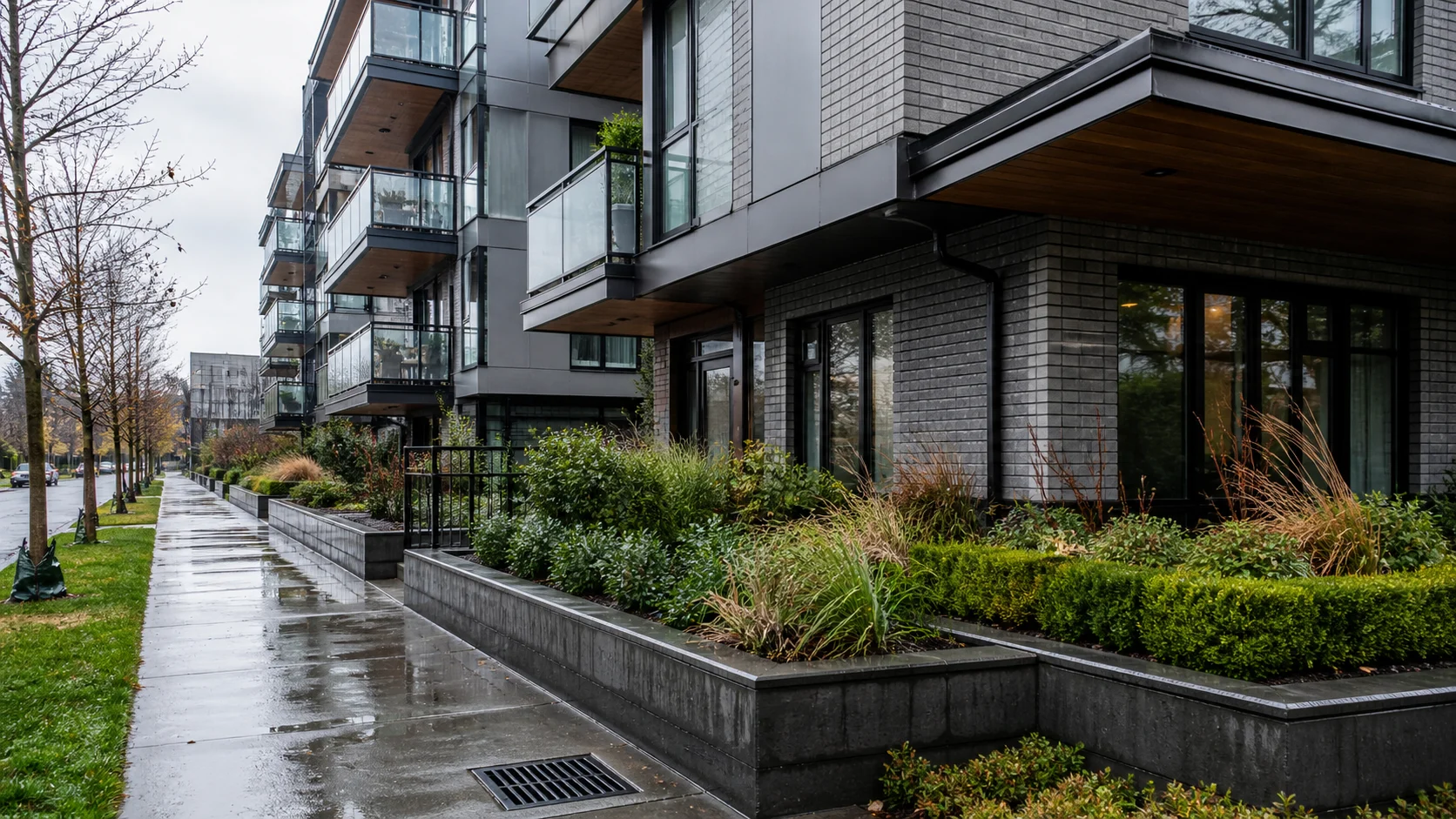 Rain-wet Vancouver strata building showing drainage, balconies and building envelope details